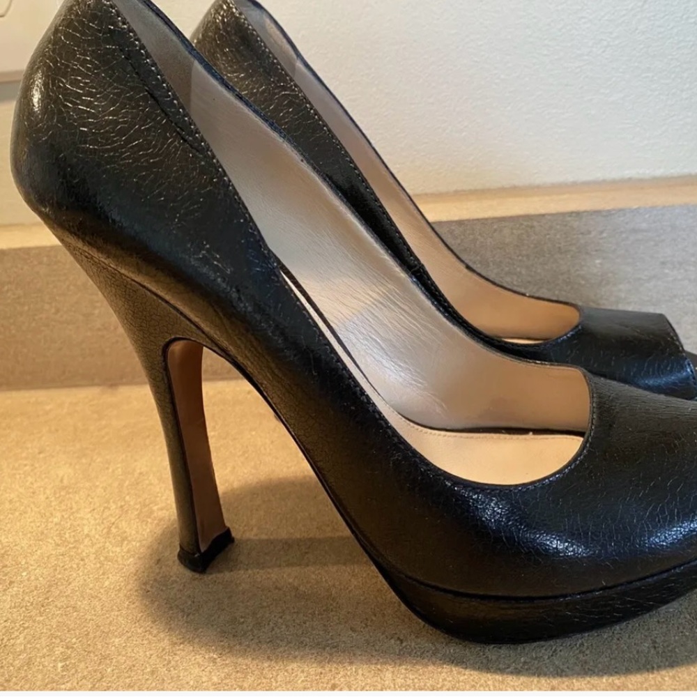 Prada Navy Platform Peep Toe Leather Shoes Size 7 (37)
